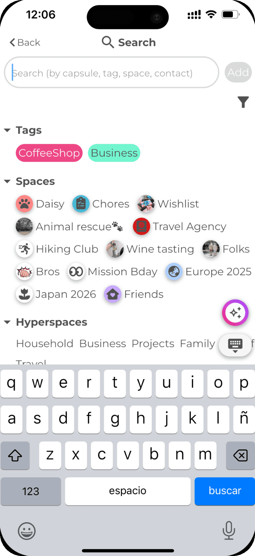 Search by tags, spaces and hyperspaces