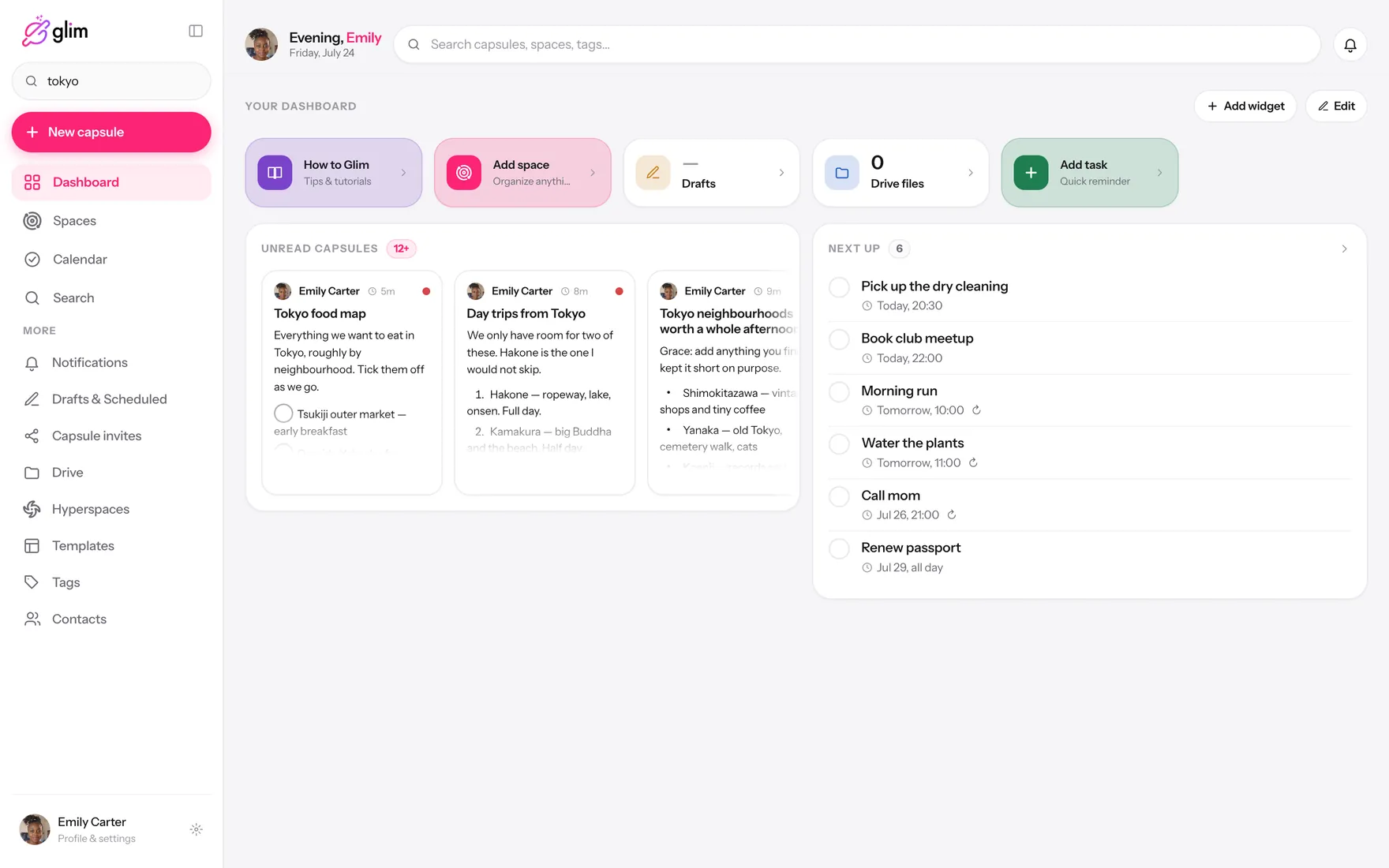 Glim running on a laptop, showing shared spaces — Dashboard