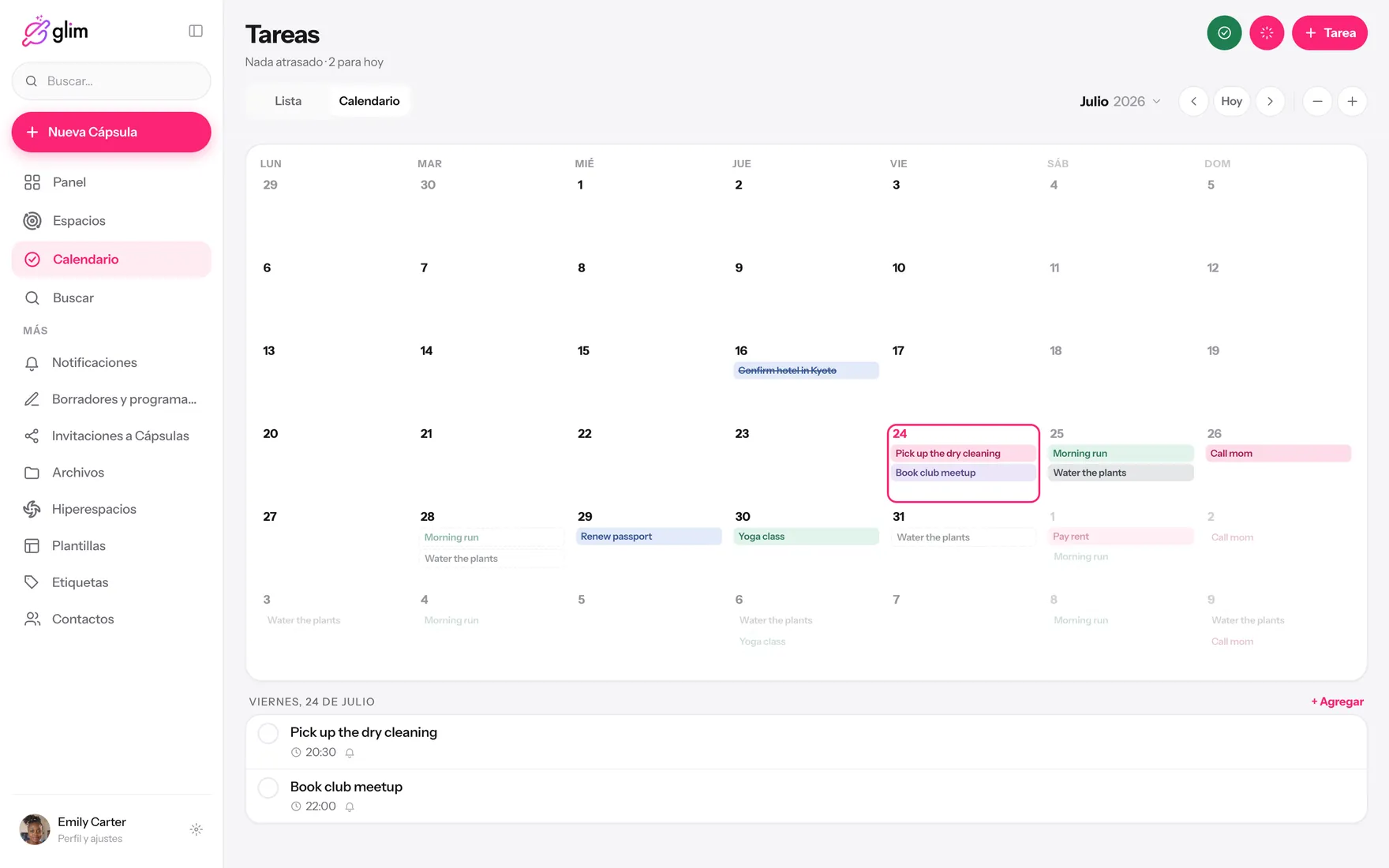 Glim en una laptop, mostrando espacios compartidos — Calendario