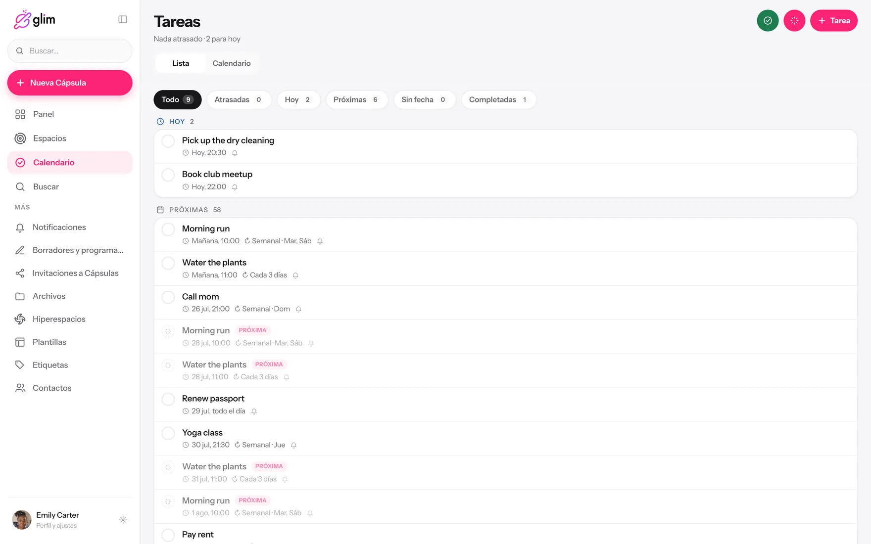Glim en una laptop, mostrando espacios compartidos — Tareas